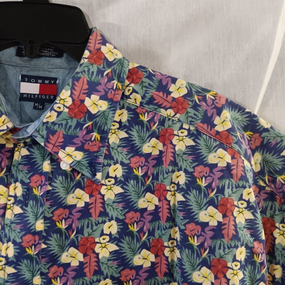 Tommy Hilfiger Hawaiian Shirt Mens Medium Blue Navy Floral Print Short Sleeve
